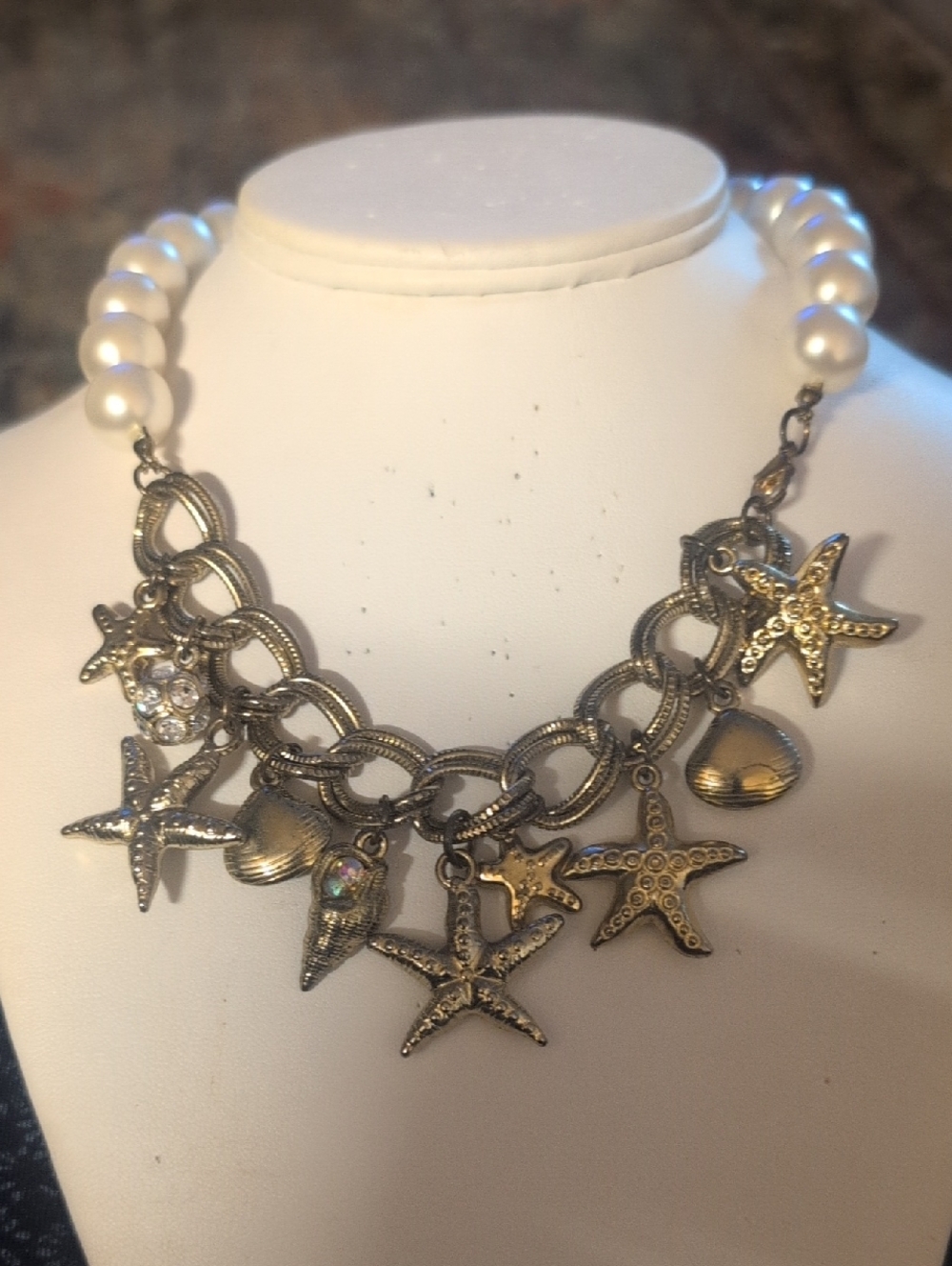 Faux Pearl & Bronze Starfish Charm Necklace